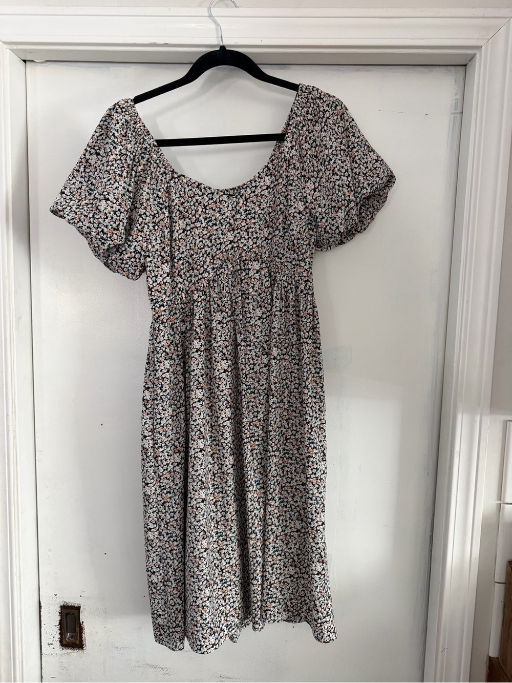 Mikasa Black Floral Midi Dress with Pink and Cream Accents